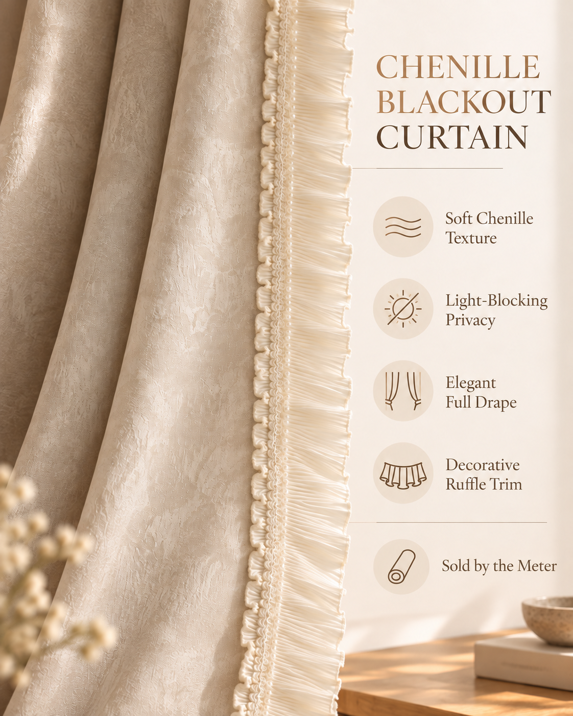 Chenille blackout curtain features infographic with texture, privacy, drape, trim, and per-meter ordering
