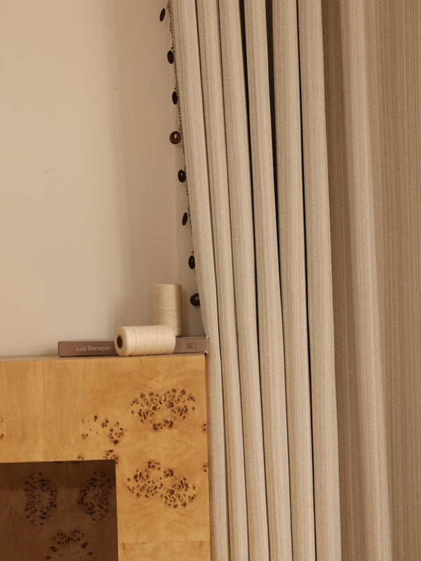 Warm beige pine needle jacquard curtain with wooden button trim