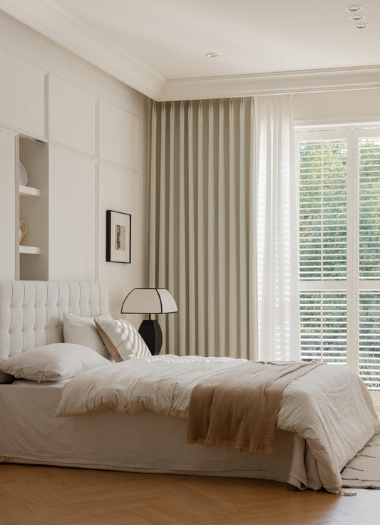Close-up of dense chenille blackout curtain weave and soft surface