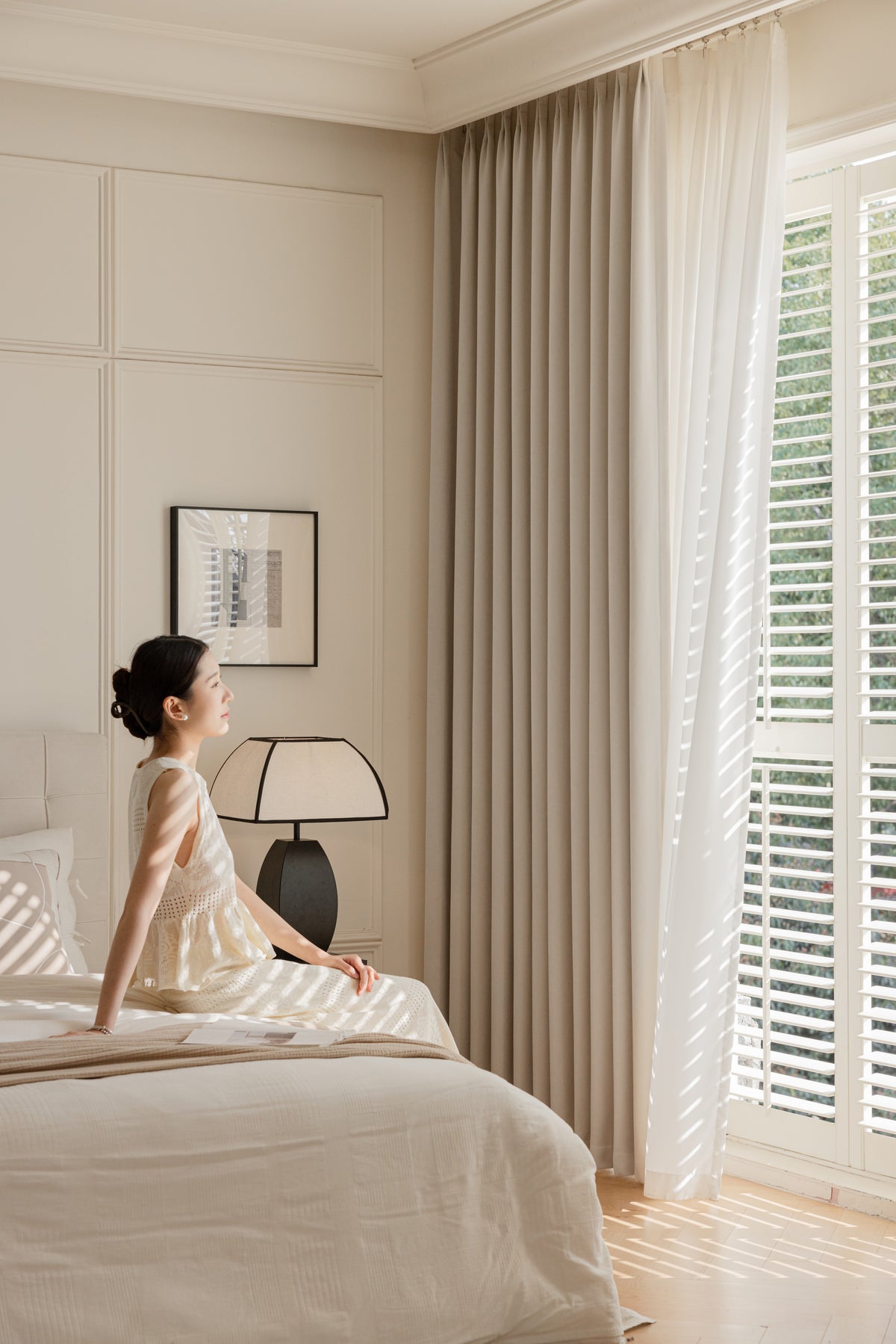 Double-sided chenille curtain fabric shown in natural folds