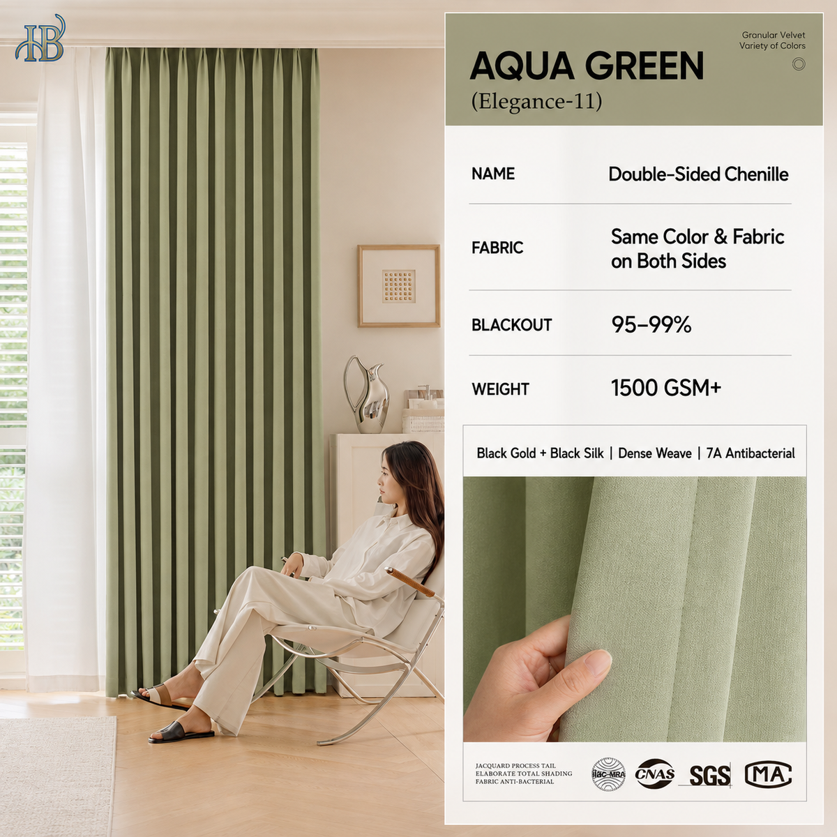 Full-length double-sided chenille blackout curtain with French styling
