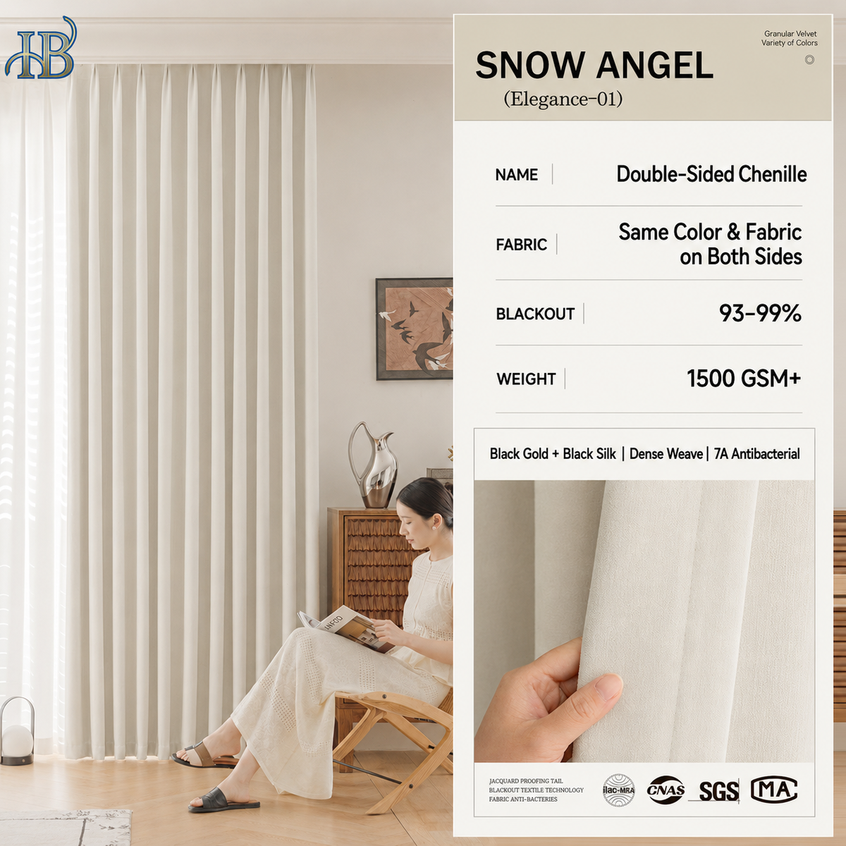 Dense chenille blackout curtain falling in smooth floor-length folds