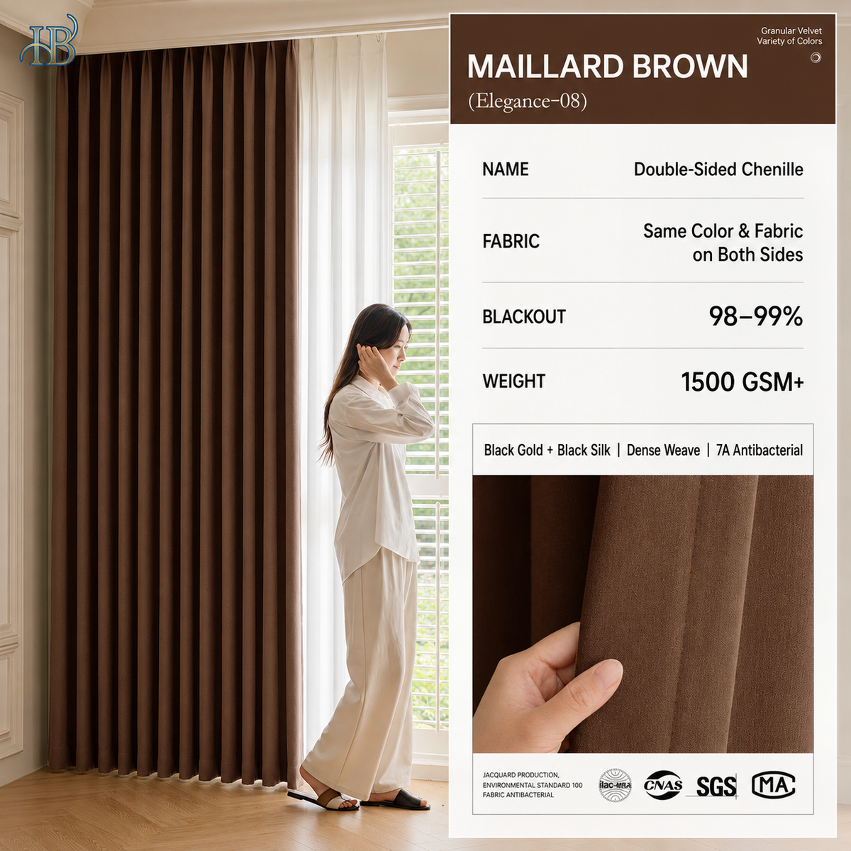 Custom curtain heading and installation options for chenille drapes