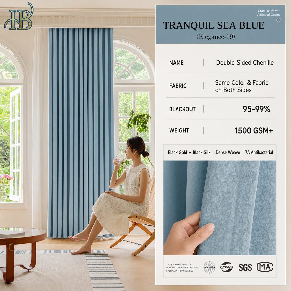 Chenille curtain edge and stitching detail on a neutral background