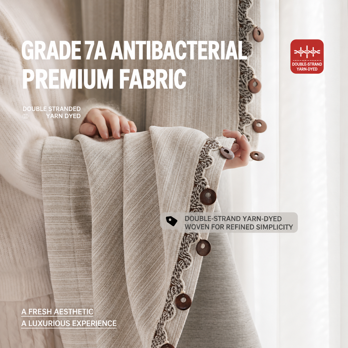 Warm neutral jacquard curtains in a quiet luxury bedroom