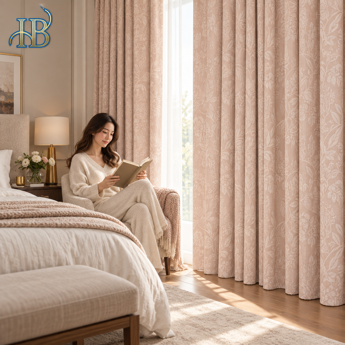 Blush pink botanical chenille blackout curtains in a luxury bedroom