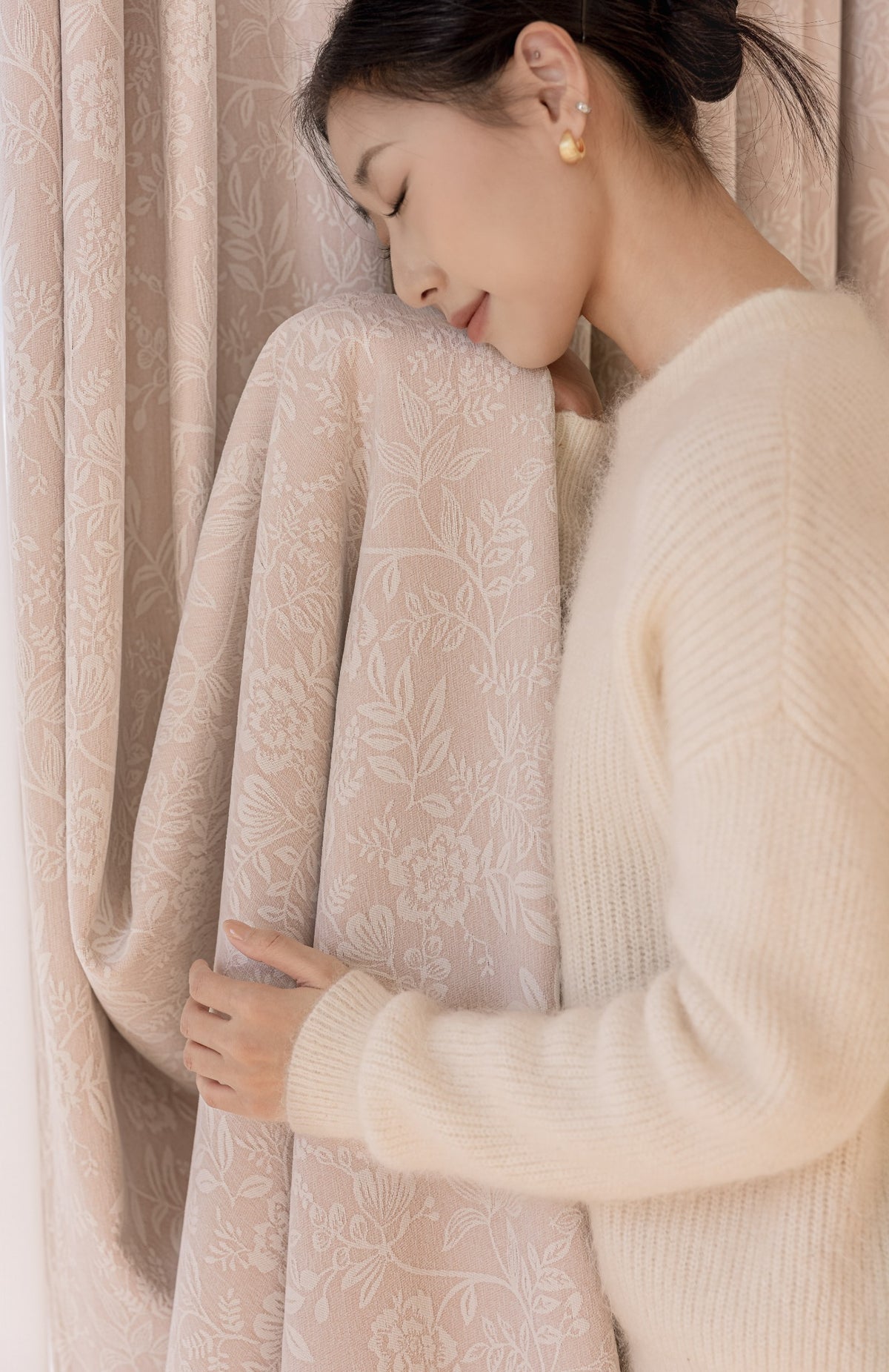 Blush pink botanical chenille curtain lifestyle detail