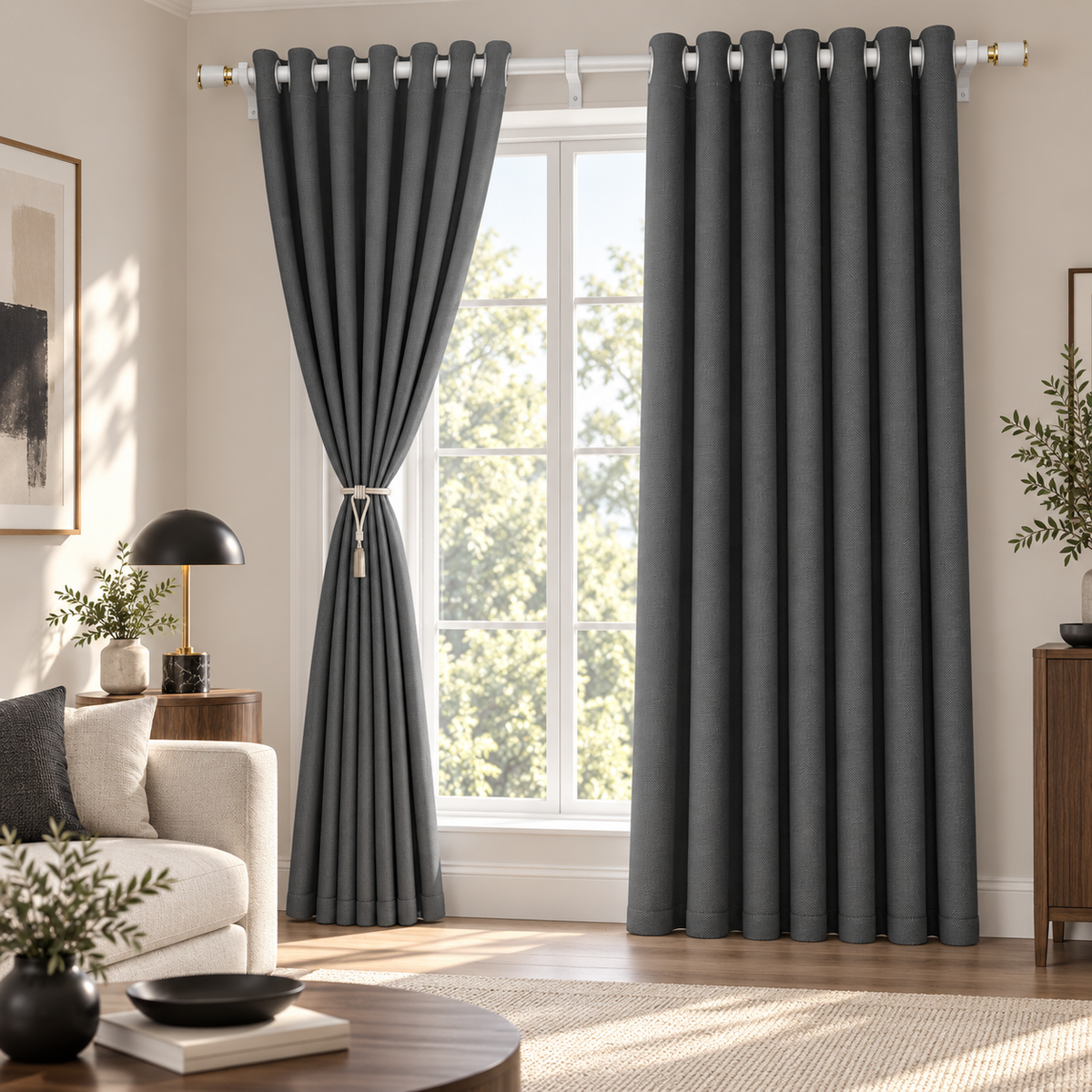 Charcoal linen-look grommet curtains in a contemporary living room