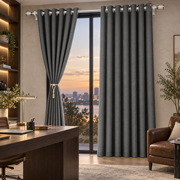 Charcoal double-sided faux linen curtains in an upscale home office