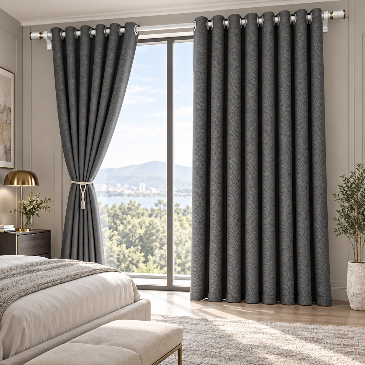 Charcoal double-sided faux linen curtains in a luxury bedroom