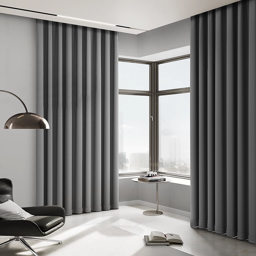 Charcoal linen-look curtains in a modern living room