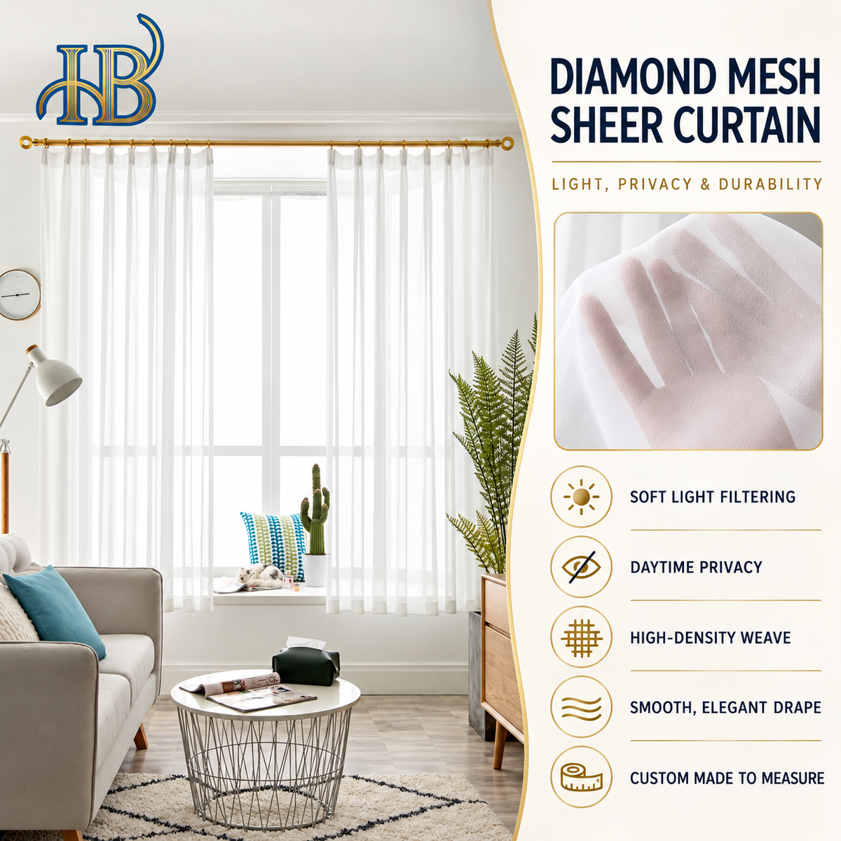 Diamond mesh sheer curtain features: soft light filtering, daytime privacy, high-density weave and smooth drape