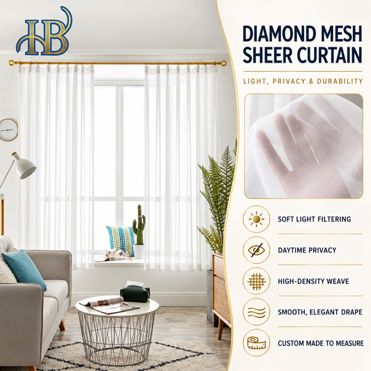 Diamond mesh sheer curtain features: soft light filtering, daytime privacy, high-density weave and smooth drape