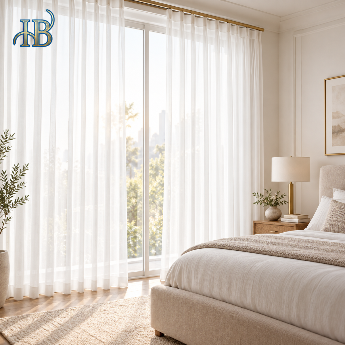 Custom white diamond mesh sheer curtains in a calm luxury bedroom