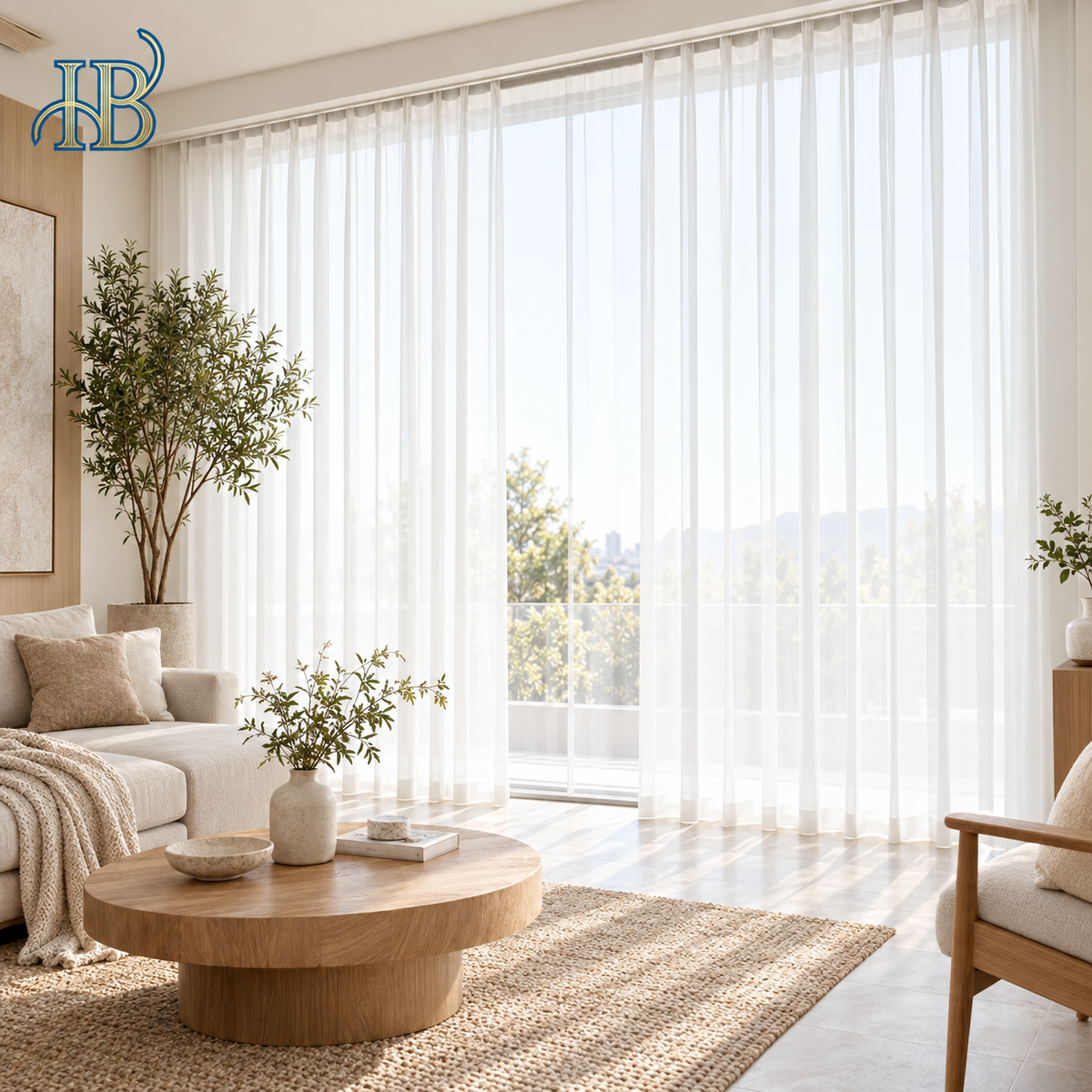 White diamond mesh sheer curtains filtering daylight in a warm modern living room