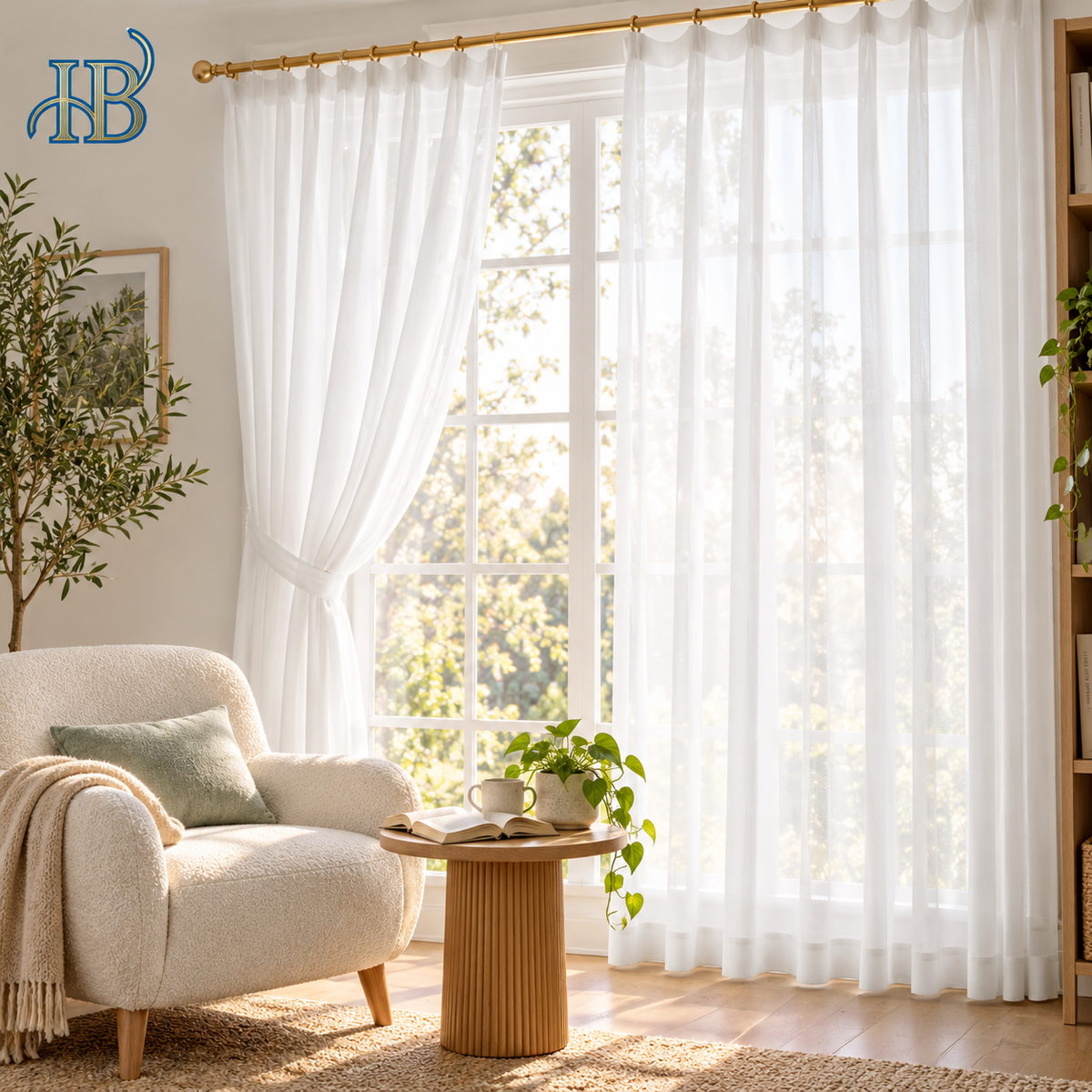 White light-filtering diamond mesh sheer curtains in a Scandinavian reading room