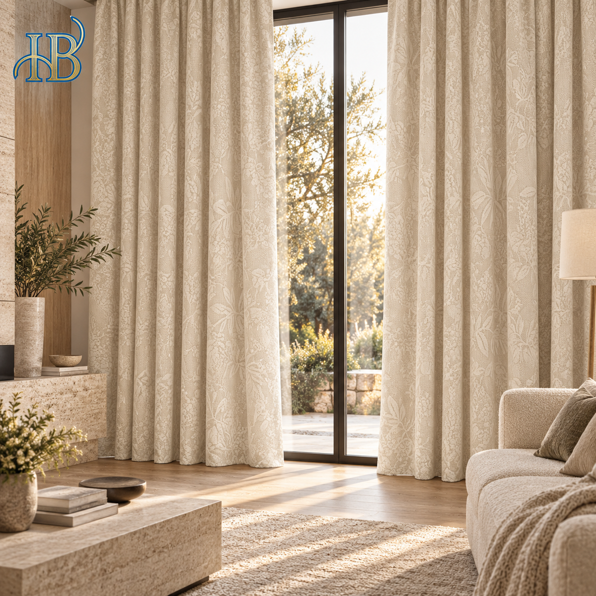 Ivory botanical chenille blackout curtains in a modern living room