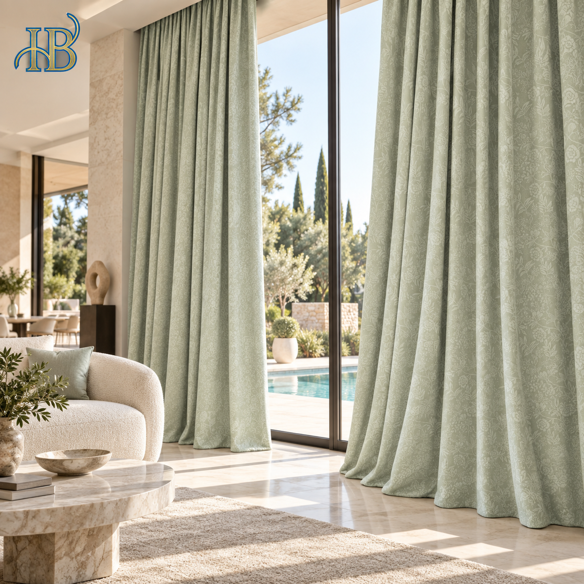 Sage green botanical chenille blackout curtains in a pool villa