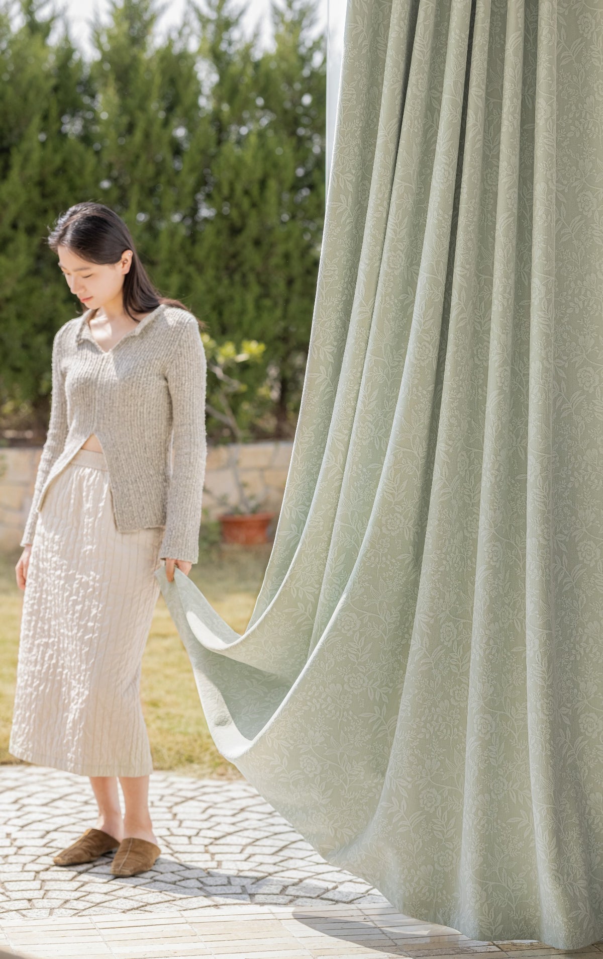 Sage green chenille blackout curtain with elegant drape