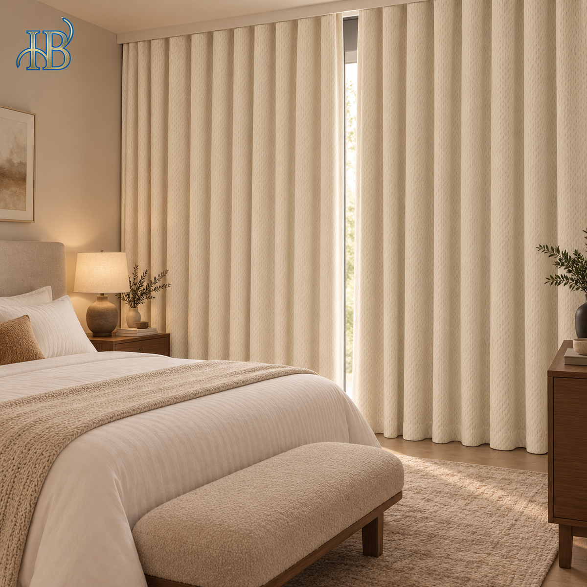 Custom chenille blackout curtains in a serene neutral bedroom