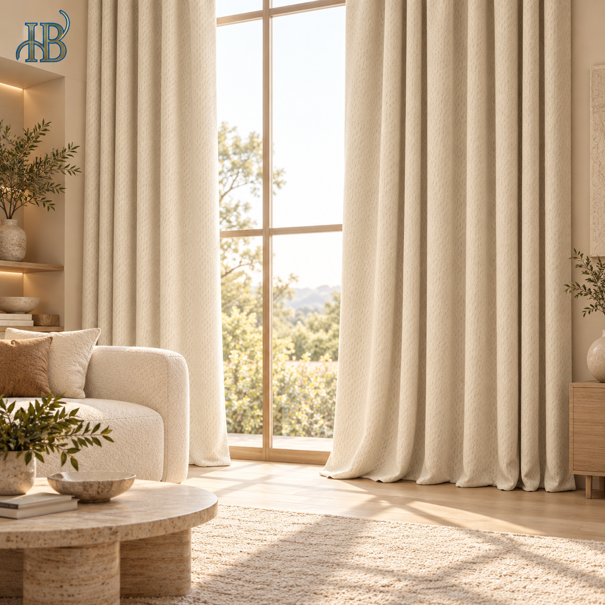 Snow Cracker chenille blackout curtains in a warm modern living room