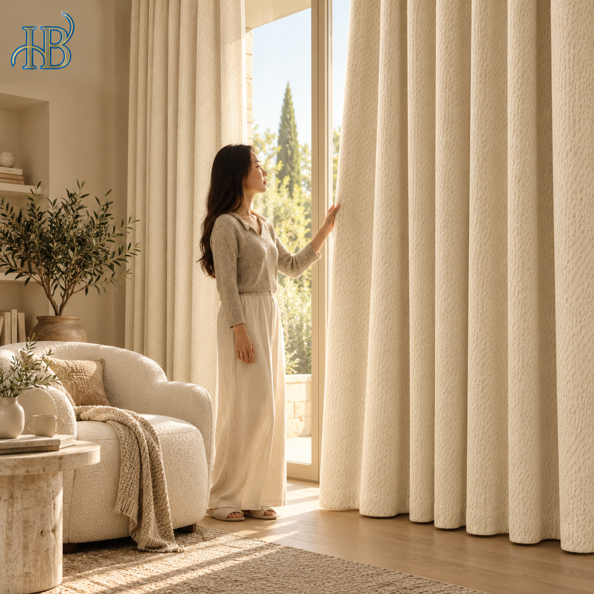 Warm ivory chenille blackout curtains in a luxury villa lounge