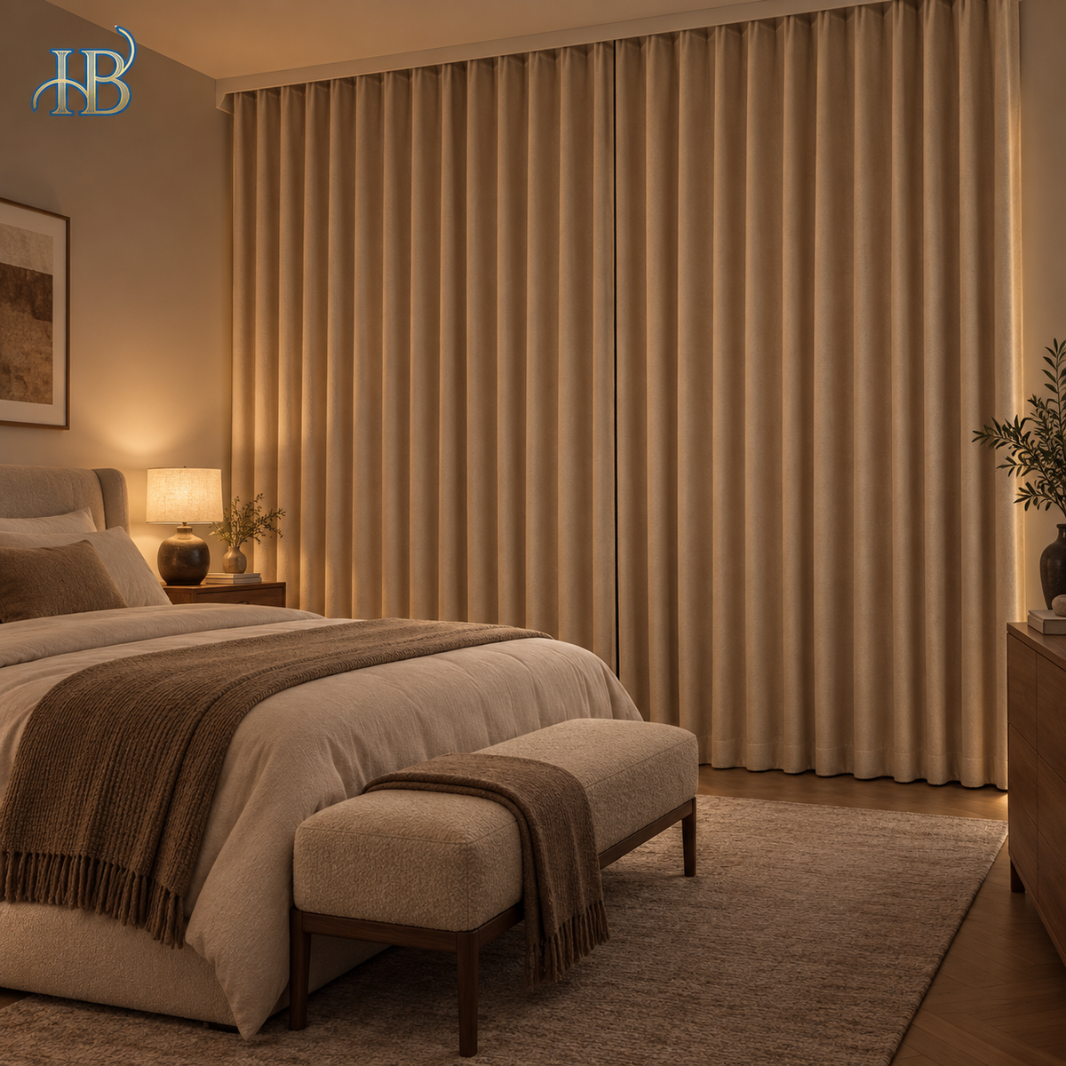 Closed chenille blackout curtains in a warm luxury bedroom
