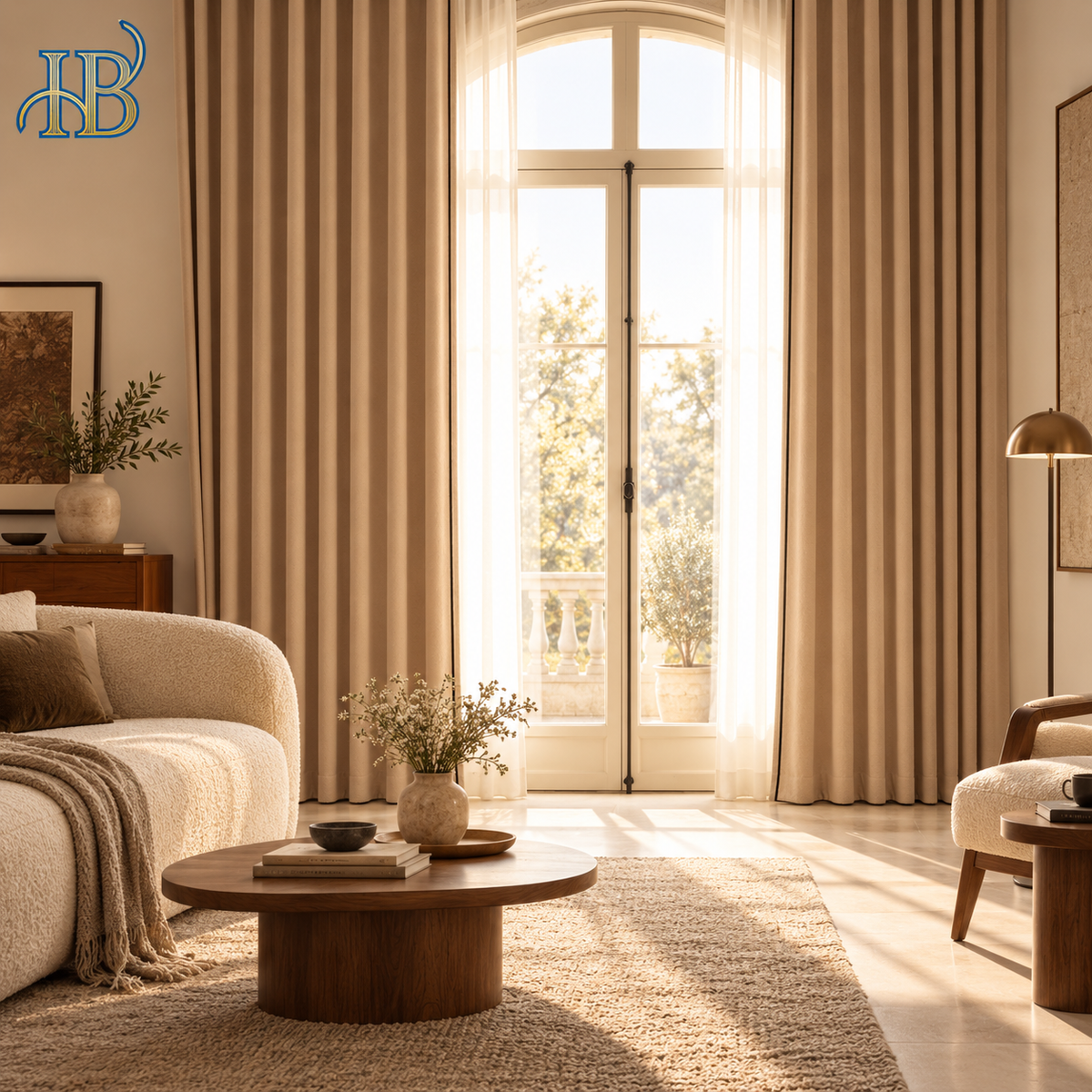 Warm beige chenille blackout curtains in a modern living room