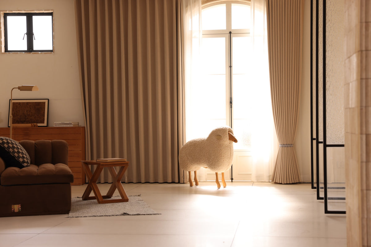 Yunjin Collection warm beige chenille blackout curtains in a living room