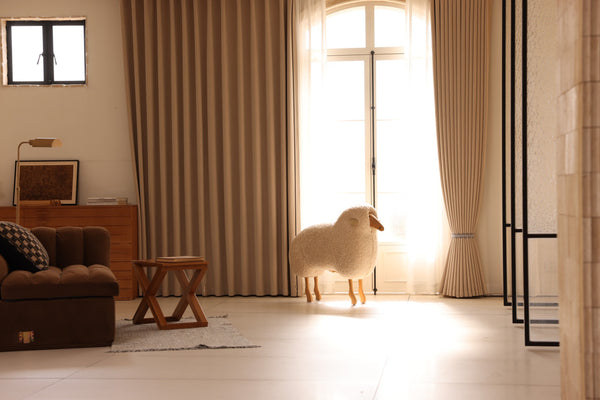Yunjin Collection warm beige chenille blackout curtains in a living room