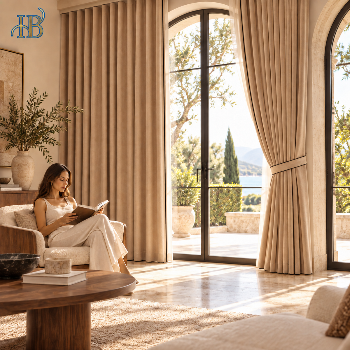 Yunjin warm beige chenille curtains in a luxury villa living room